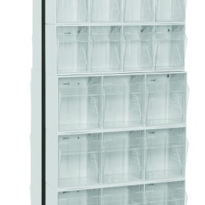 The Quantum Tip Out Bin Floor Stand is a tall, double-sided organizer measuring 20-1/4D x 23-5/8W x 75H. It includes (4) QTB304 models and (2) QTB306 white bins, featuring rows of transparent compartments within a black-coated steel frame for easy access and visibility.