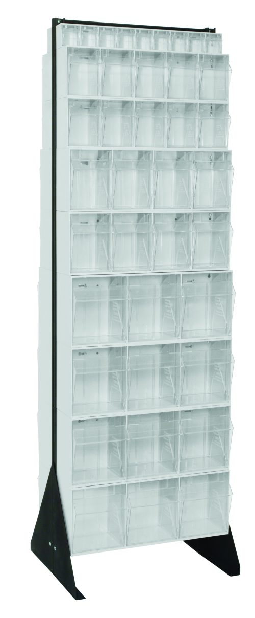 The Quantum Tip Out Bin Floor Stand is a tall, double-sided organizer measuring 20-1/4D x 23-5/8W x 75H. It includes (4) QTB304 models and (2) QTB306 white bins, featuring rows of transparent compartments within a black-coated steel frame for easy access and visibility.