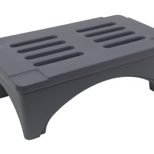 The Quantum Dunnage Rack is a small, gray, polymer step stool with a ventilated top for grip. It has a sturdy design, measuring 36W X 22D X 12H, featuring four short legs and a curved arch on the sides for added stability. Capacity: 2000 lbs; NSF certified.