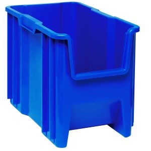 The Quantum Container, made of high-density polypropylene and measuring 17-1/2 x 10-7/8 x 12-1/2, features an open front, grooved sides, and reinforced edges for stability. It includes a solid back, with a six 1/4 drill hole pattern on the bottom for drainage and air circulation. Made in the USA.