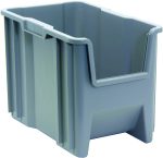 The Quantum Container is a large, gray, rectangular bin made from injection molded high-density polypropylene. It features reinforced, ridged sides with grooved handles for easy lifting and a slightly tapered bottom. A six 1/4 drill hole pattern on the bottom allows for drainage and air circulation. Made in the USA.