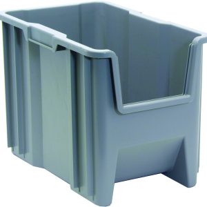 The Quantum Container is a large, gray, rectangular bin made from injection molded high-density polypropylene. It features reinforced, ridged sides with grooved handles for easy lifting and a slightly tapered bottom. A six 1/4 drill hole pattern on the bottom allows for drainage and air circulation. Made in the USA.