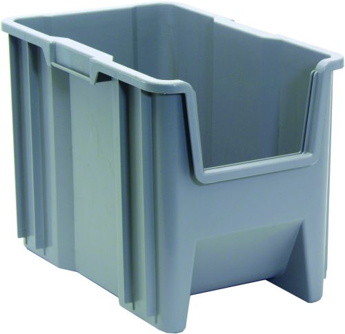 The Quantum Container is a large, gray, rectangular bin made from injection molded high-density polypropylene. It features reinforced, ridged sides with grooved handles for easy lifting and a slightly tapered bottom. A six 1/4 drill hole pattern on the bottom allows for drainage and air circulation. Made in the USA.