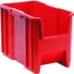 The Quantum Stacking Container is a large, open-topped red bin made of injection molded high-density polypropylene with reinforced sides and a rectangular shape. It measures 17-1/2 x 10-7/8 x 12-1/2, perfect for organizing or transporting and ideal for stacking. Made in the USA.