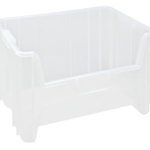 The Quantum Container is a transparent, high-density polypropylene storage bin made in the USA. It measures 15-1/4 x 19-7/8 x 12-7/16, features an open top with reinforced corners, smooth sides, a slightly lowered front edge for easy access, and six 1/4 drill holes for drainage and ventilation.