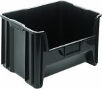 The Quantum Container is a black, rectangular storage bin measuring 15-1/4 x 19-7/8 x 12-7/16. Made in the USA from injection-molded high-density polypropylene, it has a smooth surface, grooves for handling, and front labeling slot. It includes six 1/4 drill hole patterns for drainage and air circulation.
