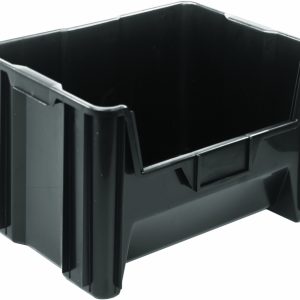 The Quantum Container is a black, rectangular storage bin measuring 15-1/4 x 19-7/8 x 12-7/16. Made in the USA from injection-molded high-density polypropylene, it has a smooth surface, grooves for handling, and front labeling slot. It includes six 1/4 drill hole patterns for drainage and air circulation.