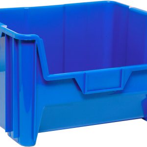 The blue Quantum Container is a 15-1/4 x 19-7/8 x 12-7/16 stacking bin with an open top, reinforced sides, and front scoop for easy access. Made from injection molded high-density polypropylene, it features a six 1/4 drill hole pattern on the bottom for drainage and air circulation.