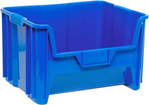 The blue Quantum Container is a 15-1/4 x 19-7/8 x 12-7/16 stacking bin with an open top, reinforced sides, and front scoop for easy access. Made from injection molded high-density polypropylene, it features a six 1/4 drill hole pattern on the bottom for drainage and air circulation.