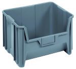 The Quantum Container, a gray, rectangular bin made of high-density polypropylene, features ribbed sides and an open front. Perfect for stacking against a white background, it includes six 1/4 drill holes on the bottom to facilitate drainage and air circulation. Made in the USA.