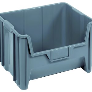 The Quantum Container, a gray, rectangular bin made of high-density polypropylene, features ribbed sides and an open front. Perfect for stacking against a white background, it includes six 1/4 drill holes on the bottom to facilitate drainage and air circulation. Made in the USA.