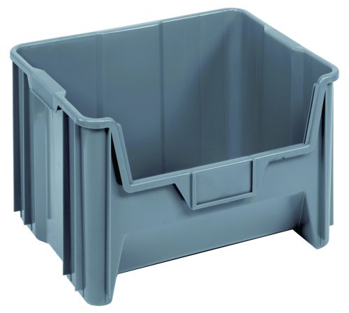The Quantum Container, a gray, rectangular bin made of high-density polypropylene, features ribbed sides and an open front. Perfect for stacking against a white background, it includes six 1/4 drill holes on the bottom to facilitate drainage and air circulation. Made in the USA.