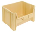 The ivory Quantum Container is a rectangular storage bin made from injection molded high-density polypropylene. It measures 15-1/4 x 19-7/8 x 12-7/16, features a handle, open front, and reinforced edges for sturdy construction. The container is designed with six 1/4 drill holes for drainage and air circulation. Made in the USA, it stands empty against a white background.