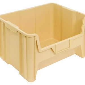 The ivory Quantum Container is a rectangular storage bin made from injection molded high-density polypropylene. It measures 15-1/4 x 19-7/8 x 12-7/16, features a handle, open front, and reinforced edges for sturdy construction. The container is designed with six 1/4 drill holes for drainage and air circulation. Made in the USA, it stands empty against a white background.