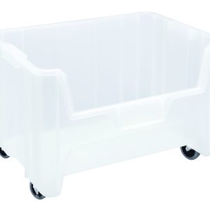 The Quantum Mobile Container is a clear, injection-molded high-density polypropylene bin with a slightly frosted rectangular design. It features a unique six 1/4 drill hole pattern on the bottom for drainage and air circulation, with four 3 polyurethane swivel casters for easy mobility. Made in the USA.