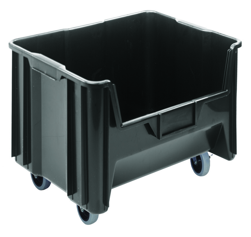 Mobile Container, Stacking, 15-1/4" X 19-7/8" X 15-7/16", Injection Molded High Density Polypropylene, Six 1/4" Drill Hole Pattern On Bottom Allows For Easy Hole Insertion For Drainage And Air Circulation, Includes: (4) 3" Polyurethane Swivel Casters, Black, Made In USA