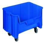 The Quantum Mobile Container is a large blue stacking bin, measuring 15-1/4 x 19-7/8 x 15-7/16, made from durable injection-molded high-density polypropylene. It includes four 3 polyurethane swivel casters and features a six 1/4 drill hole pattern for drainage and air circulation.