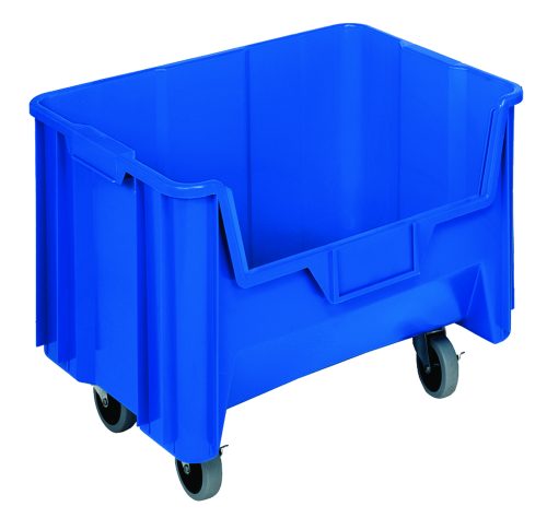 The Quantum Mobile Container is a large blue stacking bin, measuring 15-1/4 x 19-7/8 x 15-7/16, made from durable injection-molded high-density polypropylene. It includes four 3 polyurethane swivel casters and features a six 1/4 drill hole pattern for drainage and air circulation.