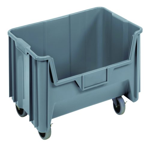 QGH705MOB_GY.jpg The Quantum Mobile Container (15-1/4 x 19-7/8 x 15-7/16) is a gray, rectangular, injection-molded high-density polypropylene unit with four 3 polyurethane swivel casters. It features a six 1/4 drill hole pattern on the bottom for drainage and air circulation, making stacking simpler. Made in the USA.