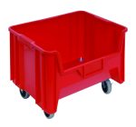 The Quantum Mobile Container, made in the USA from high-density polypropylene, is red with a 15-1/4 x 19-7/8 x 15-7/16 size and comes with four 3 polyurethane swivel casters. It features a six 1/4 drill hole pattern for drainage and air circulation, ideal for stacking and heavy-duty use.