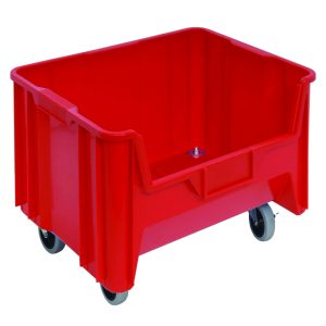 The Quantum Mobile Container, made in the USA from high-density polypropylene, is red with a 15-1/4 x 19-7/8 x 15-7/16 size and comes with four 3 polyurethane swivel casters. It features a six 1/4 drill hole pattern for drainage and air circulation, ideal for stacking and heavy-duty use.