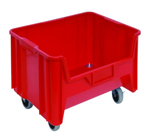 QGH705MOB_RD.jpg The Quantum Mobile Container, made in the USA from high-density polypropylene, is red with a 15-1/4 x 19-7/8 x 15-7/16 size and comes with four 3 polyurethane swivel casters. It features a six 1/4 drill hole pattern for drainage and air circulation, ideal for stacking and heavy-duty use.