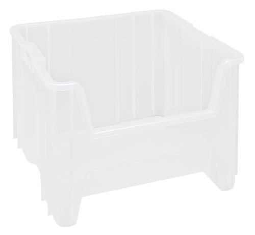 The Quantum Container is a clear, square storage bin made in the USA from injection-molded high-density polypropylene, measuring 17-1/2 x 16-1/2 x 12-1/2, with reinforced sides, an open front, and a six 1/4 drill hole pattern for drainage. It sits empty against a plain white background.