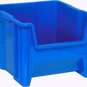 The Quantum blue storage container, measuring 17-1/2 x 16-1/2 x 12-1/2, features an open front design for easy access, reinforced sides, and stackability. Made from injection-molded high-density polypropylene with a six 1/4 drill hole pattern for drainage and air circulation. Made in the USA.