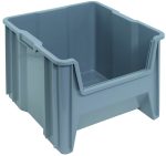 The Quantum Container, measuring 17-1/2 x 16-1/2 x 12-1/2, is a gray injection-molded high-density polypropylene storage bin with an open front and solid sides. It features a six 1/4 drill hole pattern on the bottom for drainage and air circulation, designed for stacking. Made in the USA.