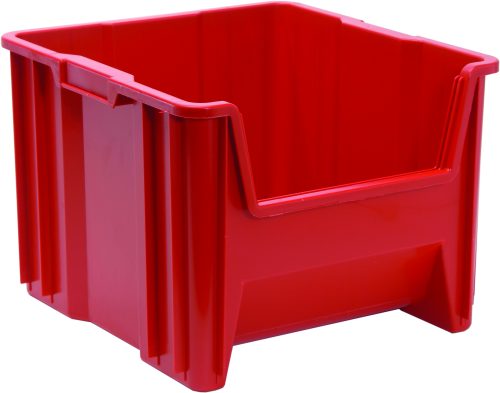 The Quantum Container is a red injection-molded high-density polypropylene storage bin with an open front and raised sides, ideal for organizing. It measures 17-1/2 x 16-1/2 x 12-1/2, features a smooth, stackable design, and has six 1/4 holes on the bottom for easy drainage and air circulation. Made in the USA.