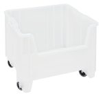 The Quantum Mobile Container, measuring 17-1/2 x 16-1/2 x 15-1/2, is made from injection molded high density polypropylene and features smooth sides and rounded corners for stacking. It has four 3 polyurethane swivel casters and a bottom drill hole pattern for drainage and air circulation. Made in the USA.