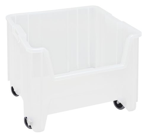 The Quantum Mobile Container, measuring 17-1/2 x 16-1/2 x 15-1/2, is made from injection molded high density polypropylene and features smooth sides and rounded corners for stacking. It has four 3 polyurethane swivel casters and a bottom drill hole pattern for drainage and air circulation. Made in the USA.