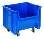 The Quantum Mobile Container, made in the USA and stackable with dimensions 17-1/2 x 16-1/2 x 15-1/2, is blue with ribbed sidewalls for added strength. It features a high-density polypropylene bin on four 3 polyurethane swivel casters, an open top, front cutout, and six drill holes for drainage and airflow.