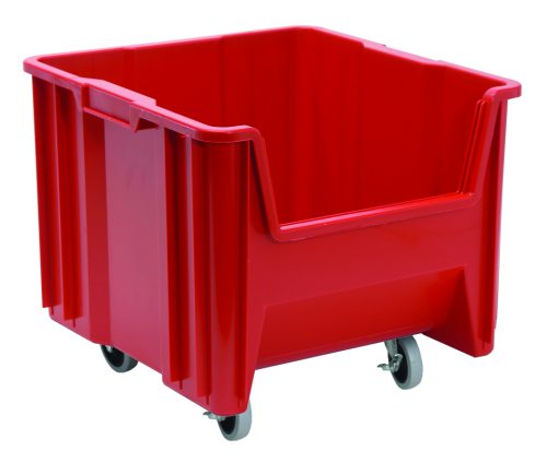The Quantum Mobile Container is a large, red, injection-molded plastic bin with dimensions of 17-1/2 x 16-1/2 x 15-1/2. Made from high-density polypropylene, it includes four 3 polyurethane swivel casters for easy movement and features a six 1/4 drill hole pattern for drainage and air circulation.