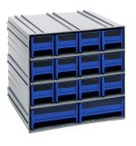 The Quantum Interlocking Storage Cabinets feature nine blue sliding drawers in a gray frame arranged in three rows of three. Includes 12 IDR201, 2 IDR203, with windows and two dividers per drawer for optimal item organization. They interlock horizontally and vertically or can be wall-mounted. Made in the USA.