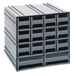 This gray Quantum Interlocking Storage Cabinet, 11-3/8D x 11-3/4W x 11H, includes twelve IDR201 and two IDR203 drawers with windows and dividers. Cabinets interlock horizontally and vertically or mount on a wall, perfect for organizing small items. Made in USA.