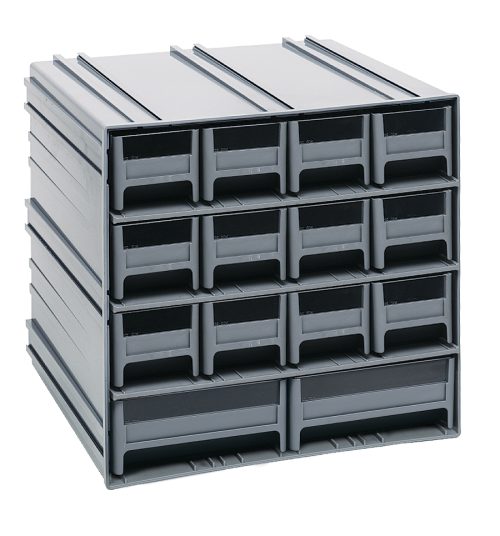This gray Quantum Interlocking Storage Cabinet, 11-3/8D x 11-3/4W x 11H, includes twelve IDR201 and two IDR203 drawers with windows and dividers. Cabinets interlock horizontally and vertically or mount on a wall, perfect for organizing small items. Made in USA.