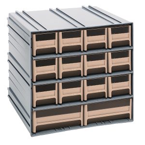 The Quantum Interlocking Storage Cabinet, gray plastic, 11-3/8D x 11-3/4W x 11H, has three rows of ivory drawers with a mix of dark, slightly transparent fronts, each including two dividers. It features versatile horizontal and vertical interlocking or wall mounting options.