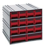 The Quantum Interlocking Storage Cabinets feature gray exteriors with red drawers, measuring 11-3/8D x 11-3/4W x 11H. These cabinets include windows, two dividers per drawer, and can be interlocked horizontally or vertically or wall-mounted. Made in the USA.