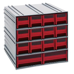 The Quantum Interlocking Storage Cabinets feature gray exteriors with red drawers, measuring 11-3/8D x 11-3/4W x 11H. These cabinets include windows, two dividers per drawer, and can be interlocked horizontally or vertically or wall-mounted. Made in the USA.