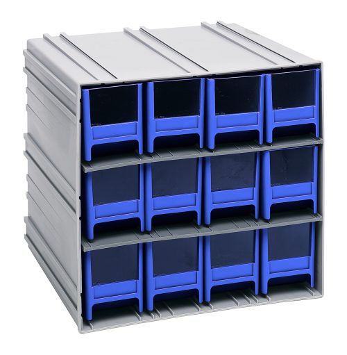 The Quantum Interlocking Storage Cabinet includes 12 blue IDR202 drawers, each with windows and two dividers. It measures 11-3/8D x 11-3/4W x 11H, interlocks horizontally and vertically, or mounts on a wall. Made of sturdy plastic in the USA, its compact design is perfect for organizing small items or tools.
