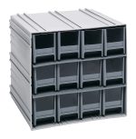 The Quantum Interlocking Storage Cabinets measure 11-3/8D x 11-3/4W x 11H and include 12 IDR202 with windows and dividers. Featuring gray drawers, they interlock horizontally or vertically or can be wall-mounted for versatile organizing options. Made in the USA.