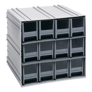 The Quantum Interlocking Storage Cabinets measure 11-3/8D x 11-3/4W x 11H and include 12 IDR202 with windows and dividers. Featuring gray drawers, they interlock horizontally or vertically or can be wall-mounted for versatile organizing options. Made in the USA.
