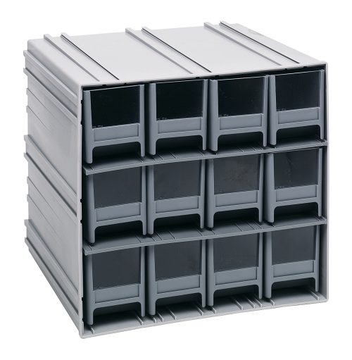 The Quantum Interlocking Storage Cabinets measure 11-3/8D x 11-3/4W x 11H and include 12 IDR202 with windows and dividers. Featuring gray drawers, they interlock horizontally or vertically or can be wall-mounted for versatile organizing options. Made in the USA.
