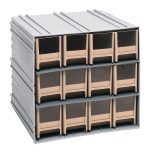 The Quantum Interlocking Storage Cabinets measure 11-3/8D x 11-3/4W x 11H with gray exteriors and feature ivory drawers with windows for visibility. These versatile cabinets interlock horizontally and vertically or can be wall-mounted, ideal for organizing small items. Made in the USA.