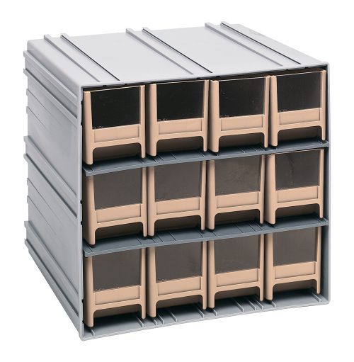 The Quantum Interlocking Storage Cabinets measure 11-3/8D x 11-3/4W x 11H with gray exteriors and feature ivory drawers with windows for visibility. These versatile cabinets interlock horizontally and vertically or can be wall-mounted, ideal for organizing small items. Made in the USA.