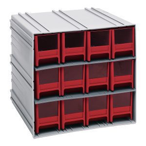 The Quantum Interlocking Storage Cabinets feature gray metal construction with vibrant red drawers, measuring 11-3/8D x 11-3/4W x 11H. It includes twelve IDR202 compartments in three rows and four columns, with windows and two dividers per drawer, ideal for organizing items in workshops or garages.