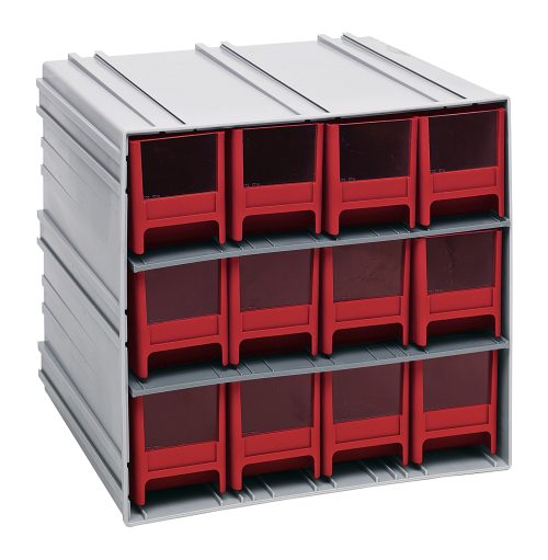 The Quantum Interlocking Storage Cabinets feature gray metal construction with vibrant red drawers, measuring 11-3/8D x 11-3/4W x 11H. It includes twelve IDR202 compartments in three rows and four columns, with windows and two dividers per drawer, ideal for organizing items in workshops or garages.