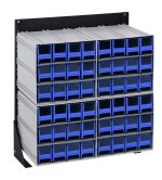 The Quantum Interlocking Storage Cabinets Floor Stand features 48 blue drawers in a 4x6 grid. The single-sided black coated 14-gauge steel frame measures 12D x 23-5/8W x 28H and is ideal for garages or workshops, offering neat organization for small items with interlocking storage capability.