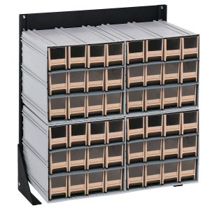 The Quantum Interlocking Storage Cabinets Floor Stand, measuring 12D x 23-5/8W x 28H, includes four Qic-122 units with a total of 48 ivory drawers. Made from black-coated 14-gauge steel, this single-sided unit supports up to 300 lbs., perfect for organizing screws or craft supplies.